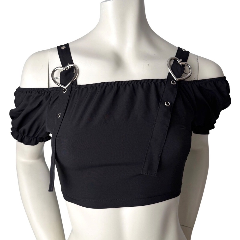 ROMWE‎ Puff Sleeve Heart Buckle Crop Top Off Shoulder Metal Hearts Whimsigoth XS